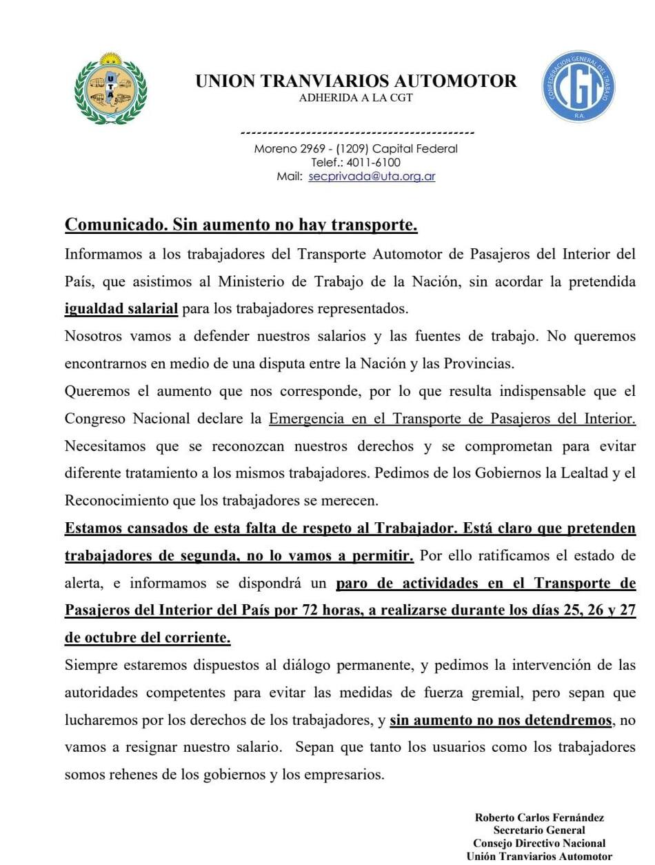 Comunicado de la UTA por nuevo paro de colectivos en el Interior. Foto: Prensa UTA.