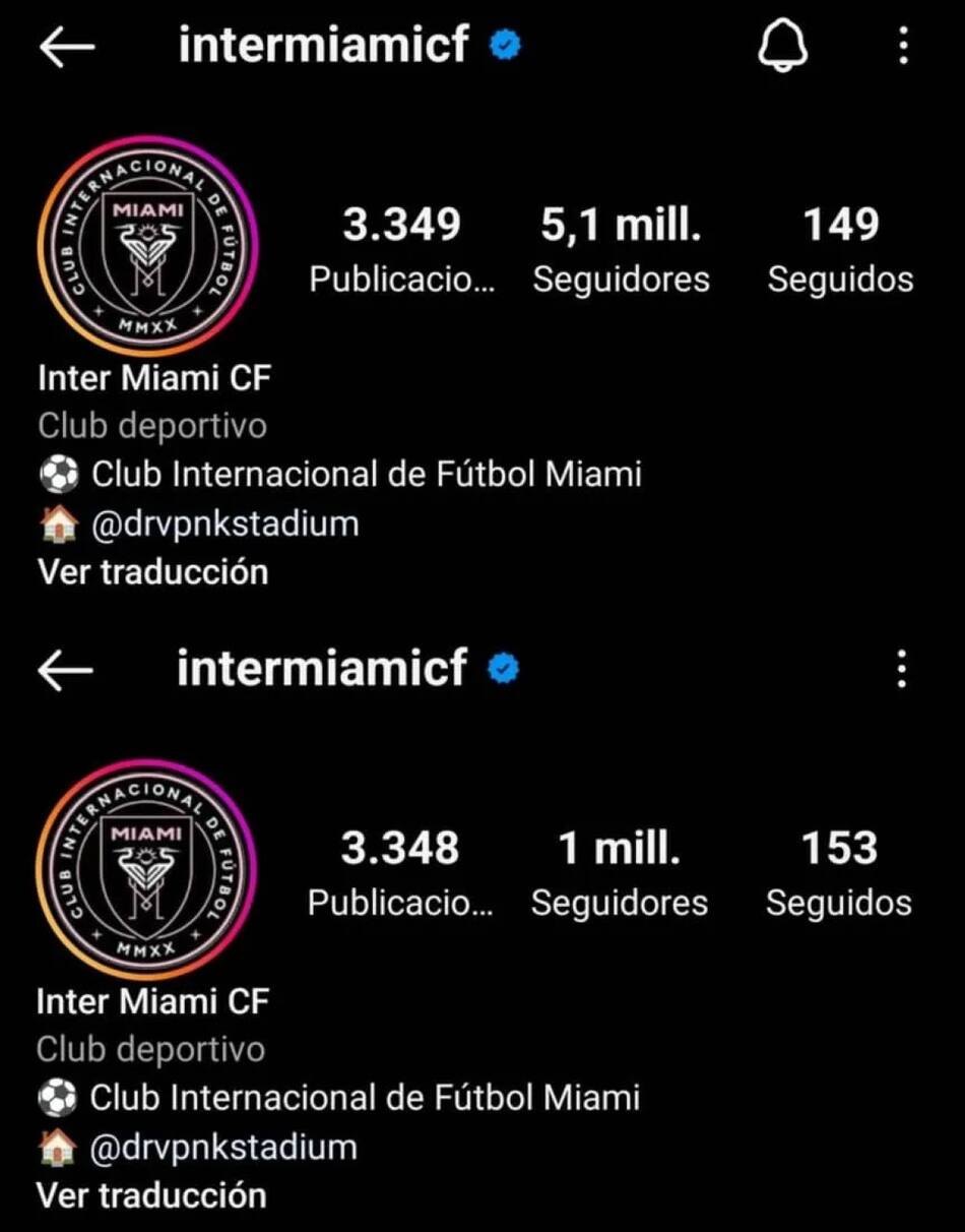 Crecimiento de seguidores del Inter Miami en Instagram tras el anuncio de Messi. Foto: NA.